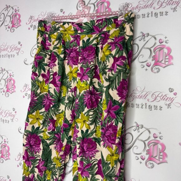 H&M pants floral tropical purple green cream leafs flowers comfy lightweight - Picture 7 of 9